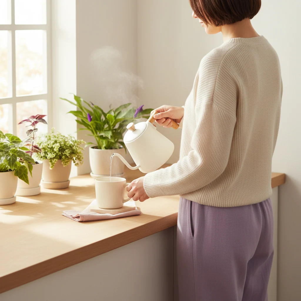 Anonymous person from behind preparing a warm drink in a bright kitchen