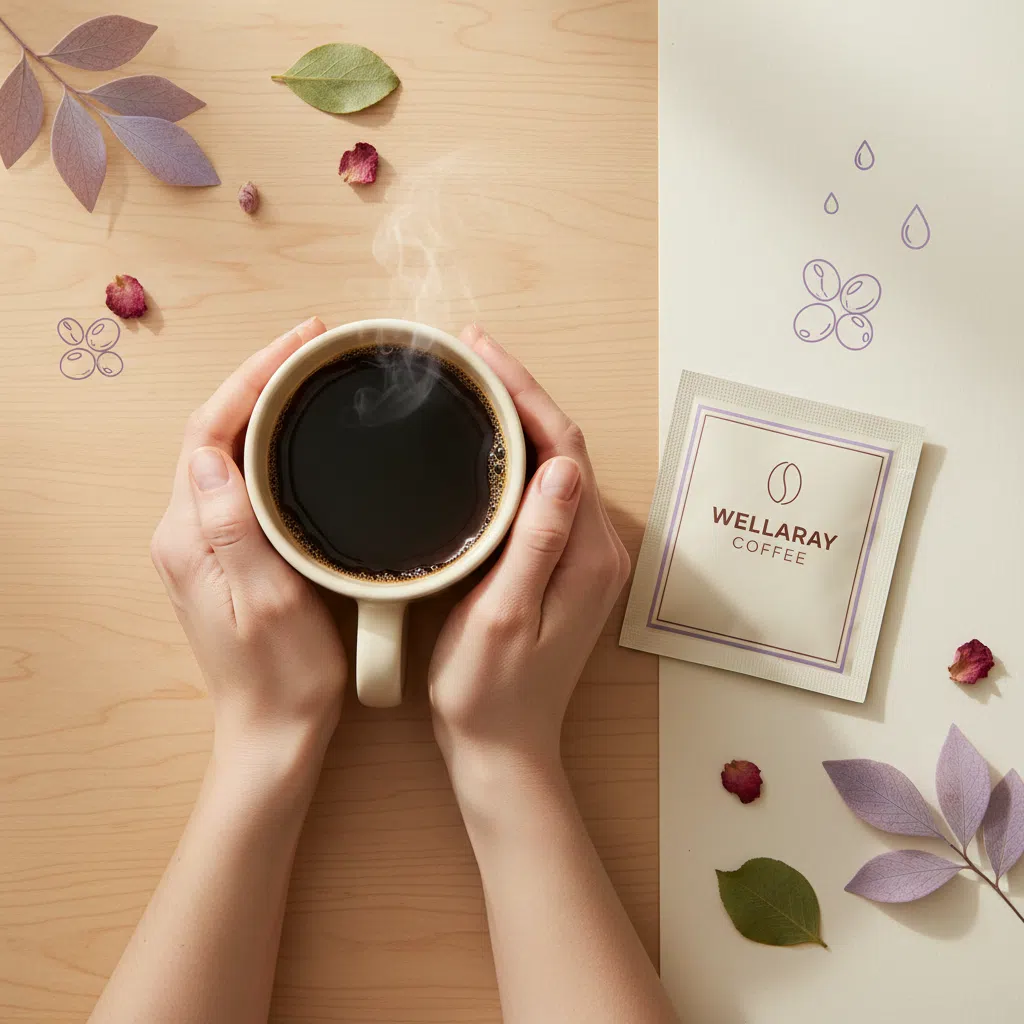 Anonymous hands holding a warm ceramic mug beside a Wellaray Coffee sachet in morning light