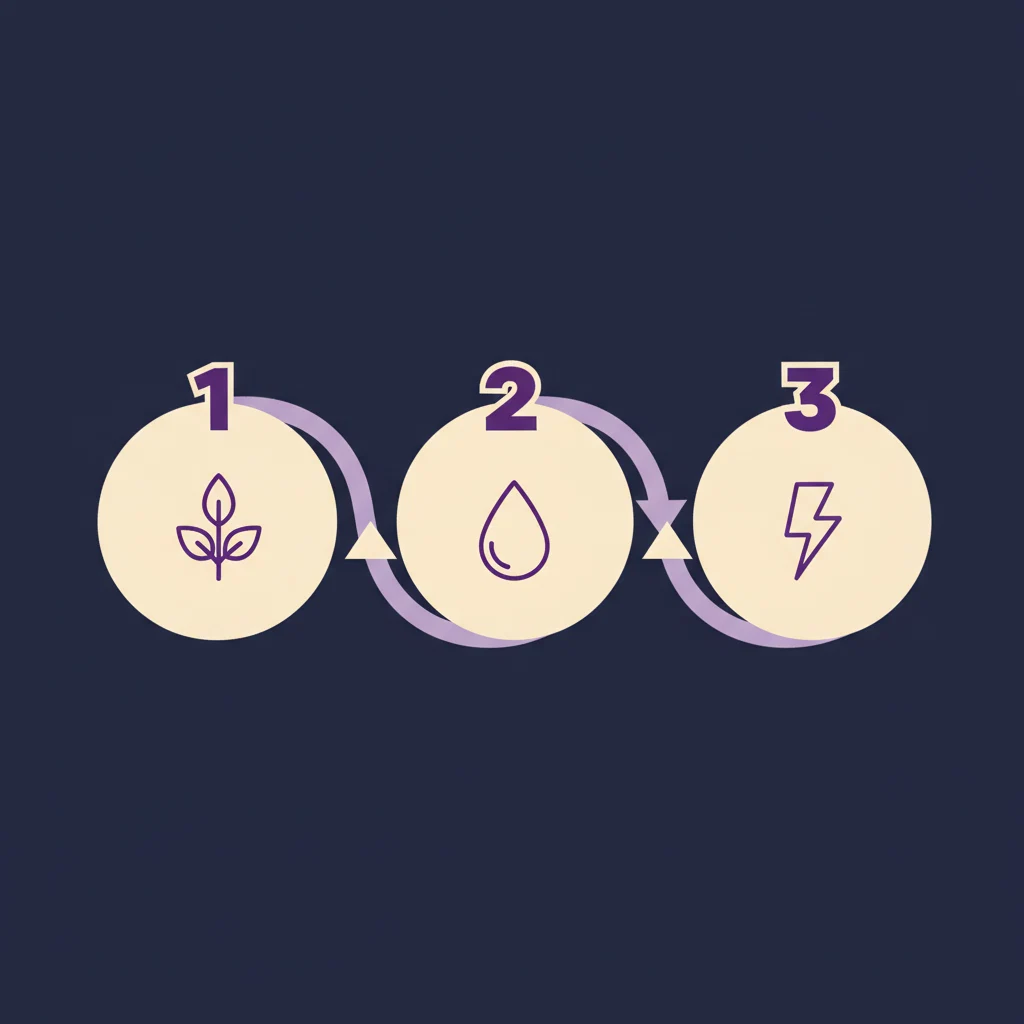 Three numbered steps diagram - leaf, water drop and energy bolt icons on dark navy background